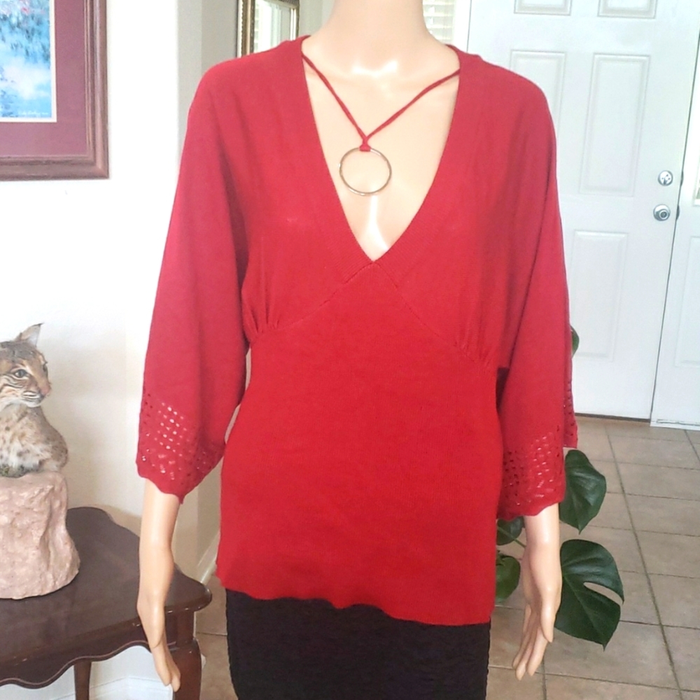 AB Studio xl deep vneck ring necklace perforated flutter sleeve ruby red